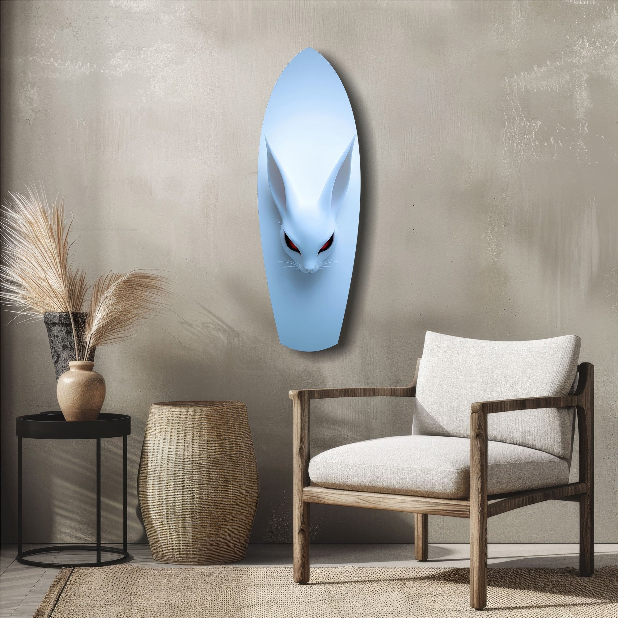 Pale Blue Rabbit Red Eyes Minimal Glass Wall Art.