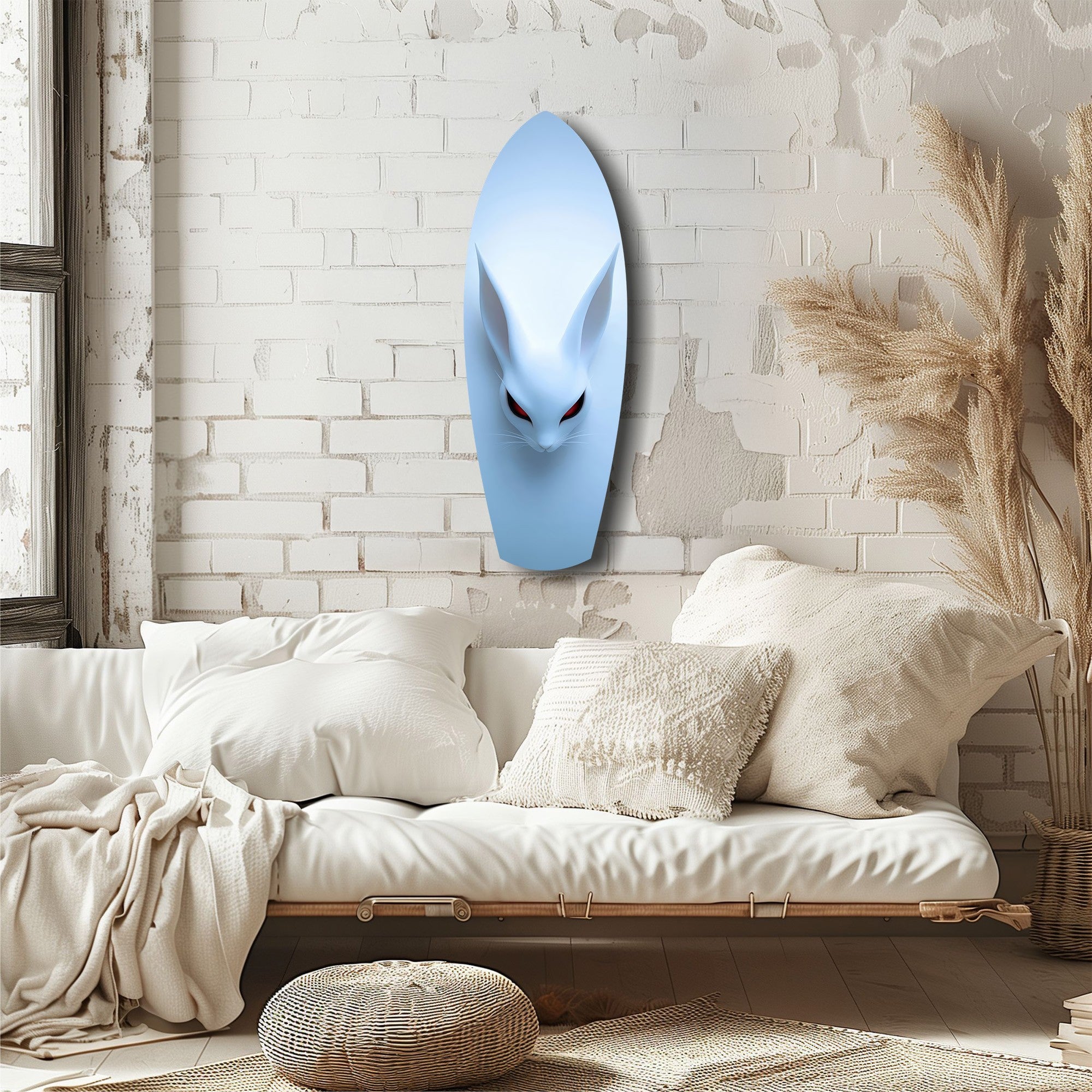 Pale Blue Rabbit Red Eyes Minimal Glass Wall Art.