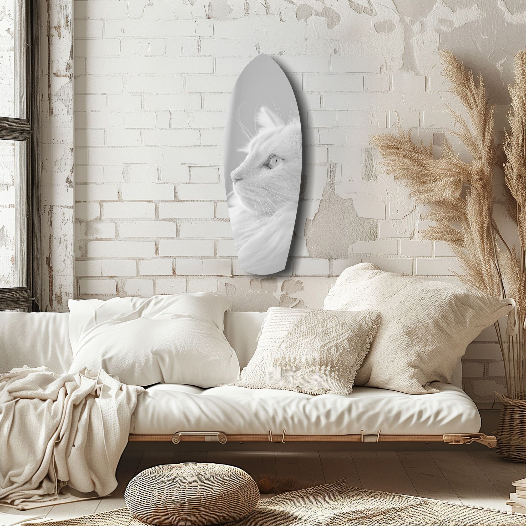 White Cat Profile Minimal Glass Wall Art.