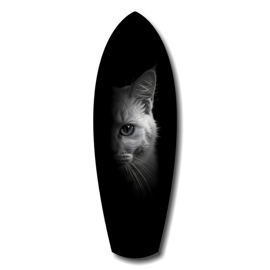 White Cat Half Face Black Background Glass Wall Art.
