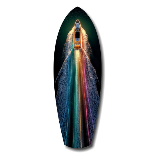 Rainbow Wake Speedboat Aerial Glass Wall Art.