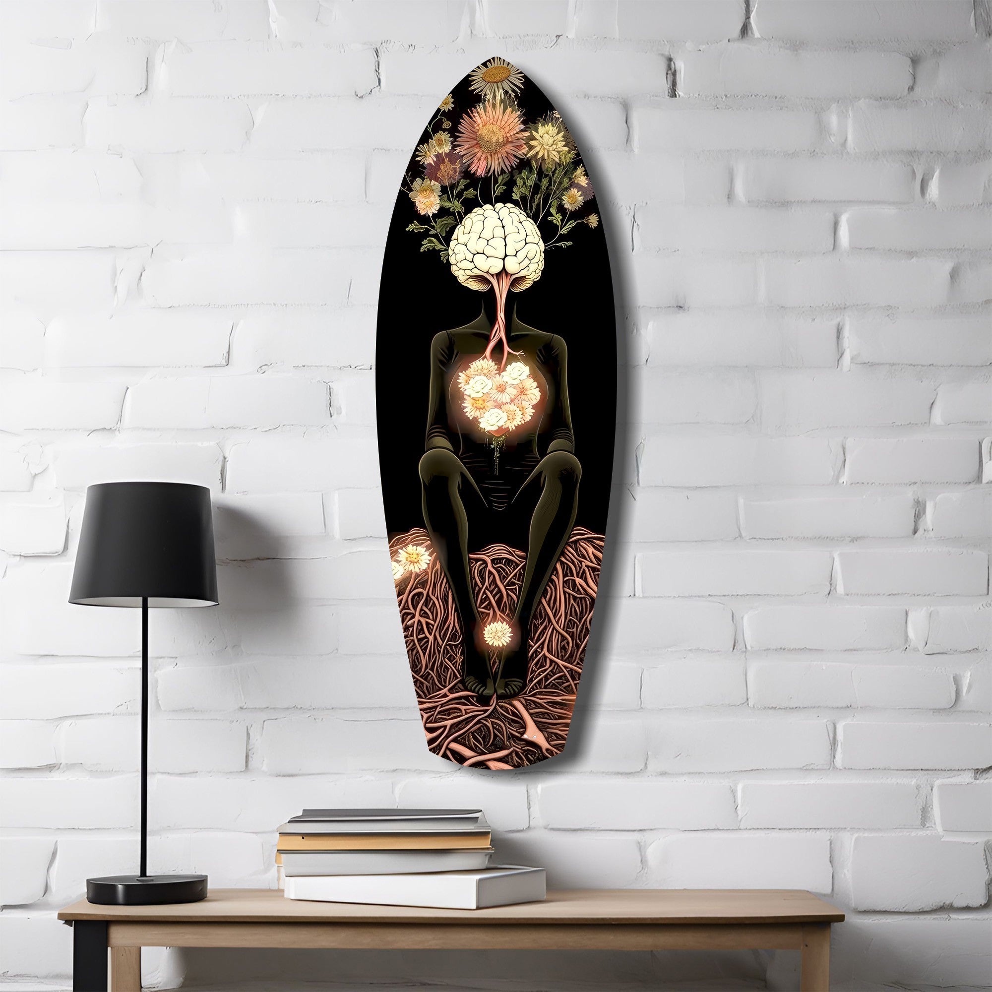 Brain Flowers Roots Surreal Glass Wall Art.