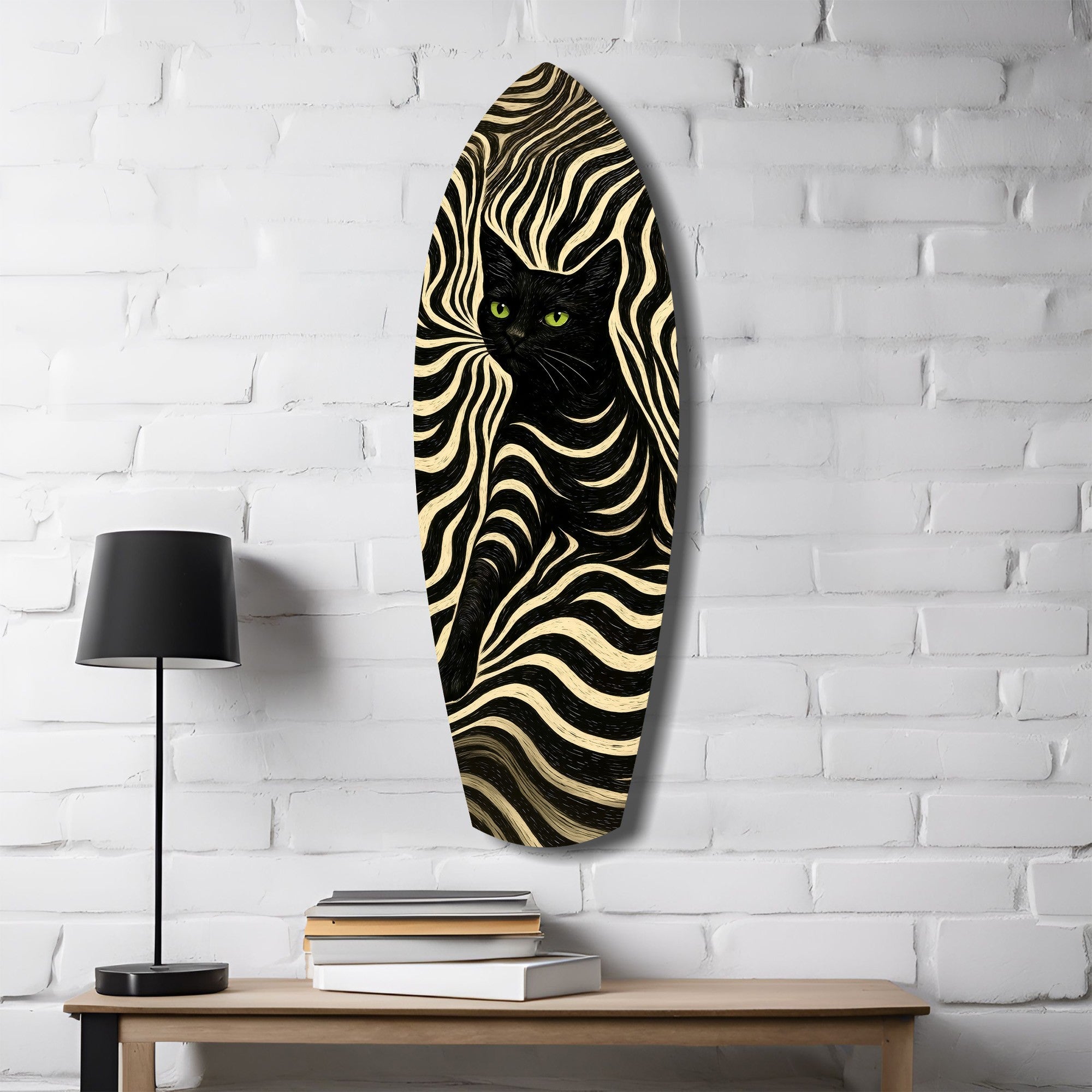 Black Cat Wavy Optical Pattern Glass Wall Art.