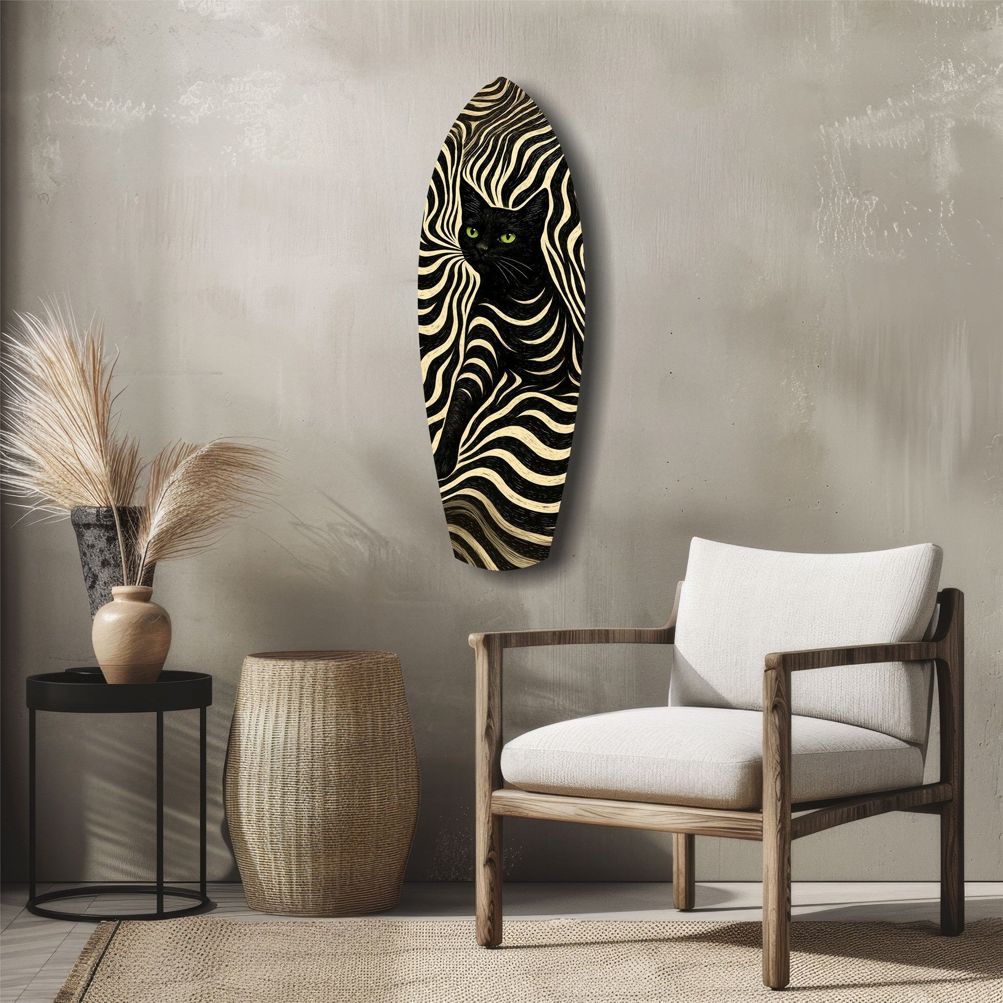Black Cat Wavy Optical Pattern Glass Wall Art.