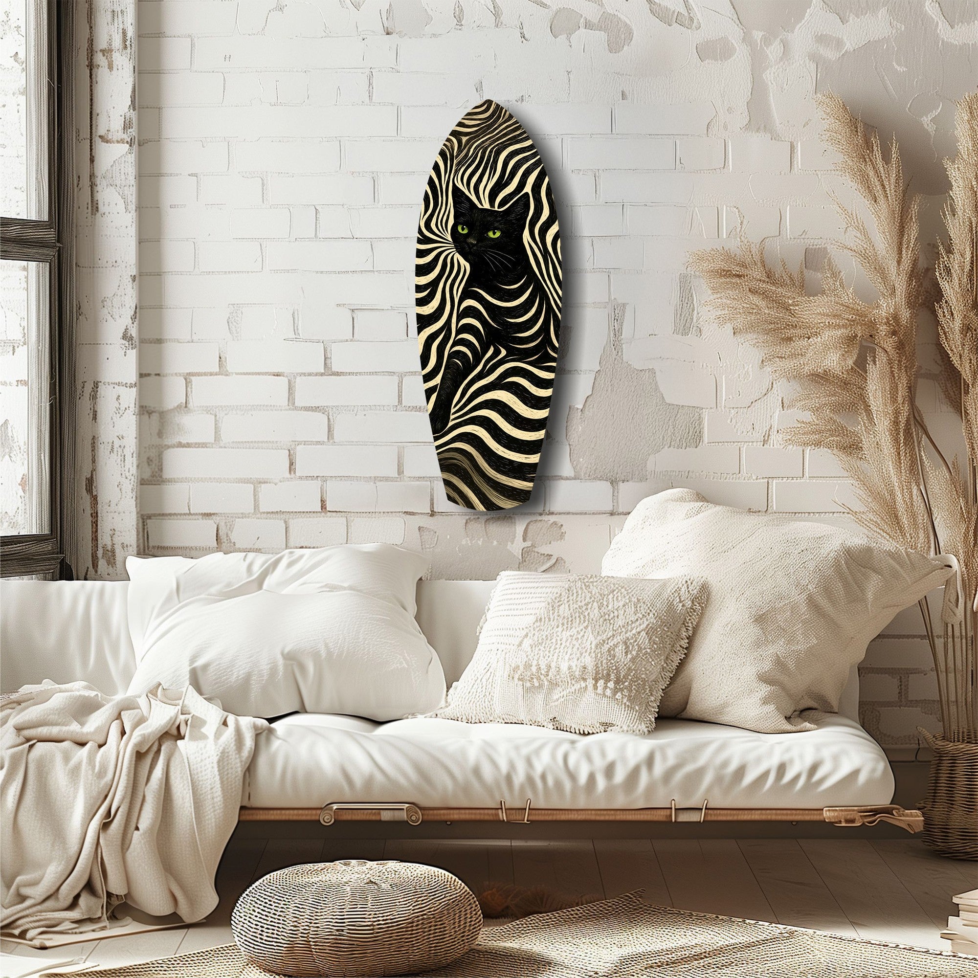 Black Cat Wavy Optical Pattern Glass Wall Art.
