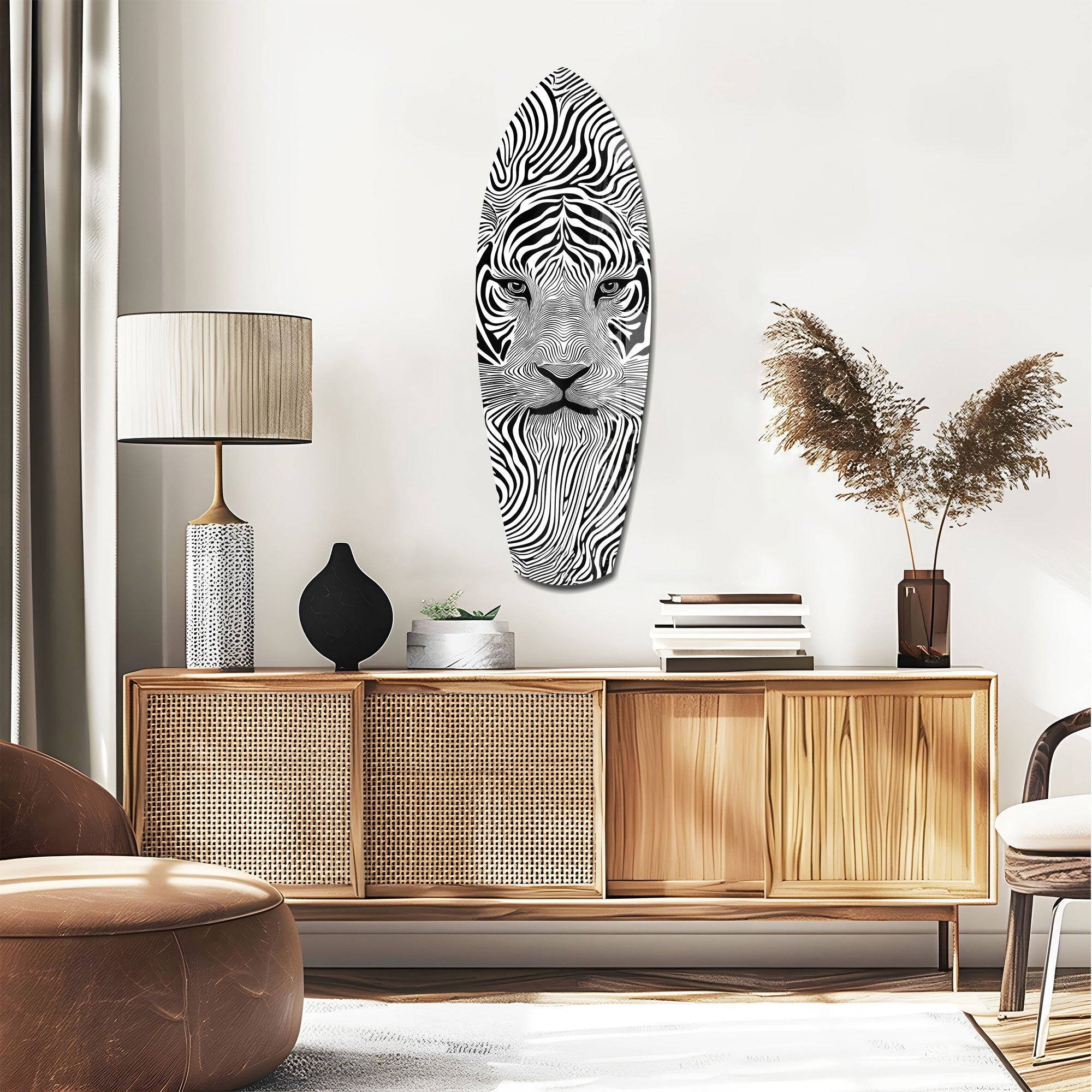Optical Lion Black White Lines Glass Wall Art.