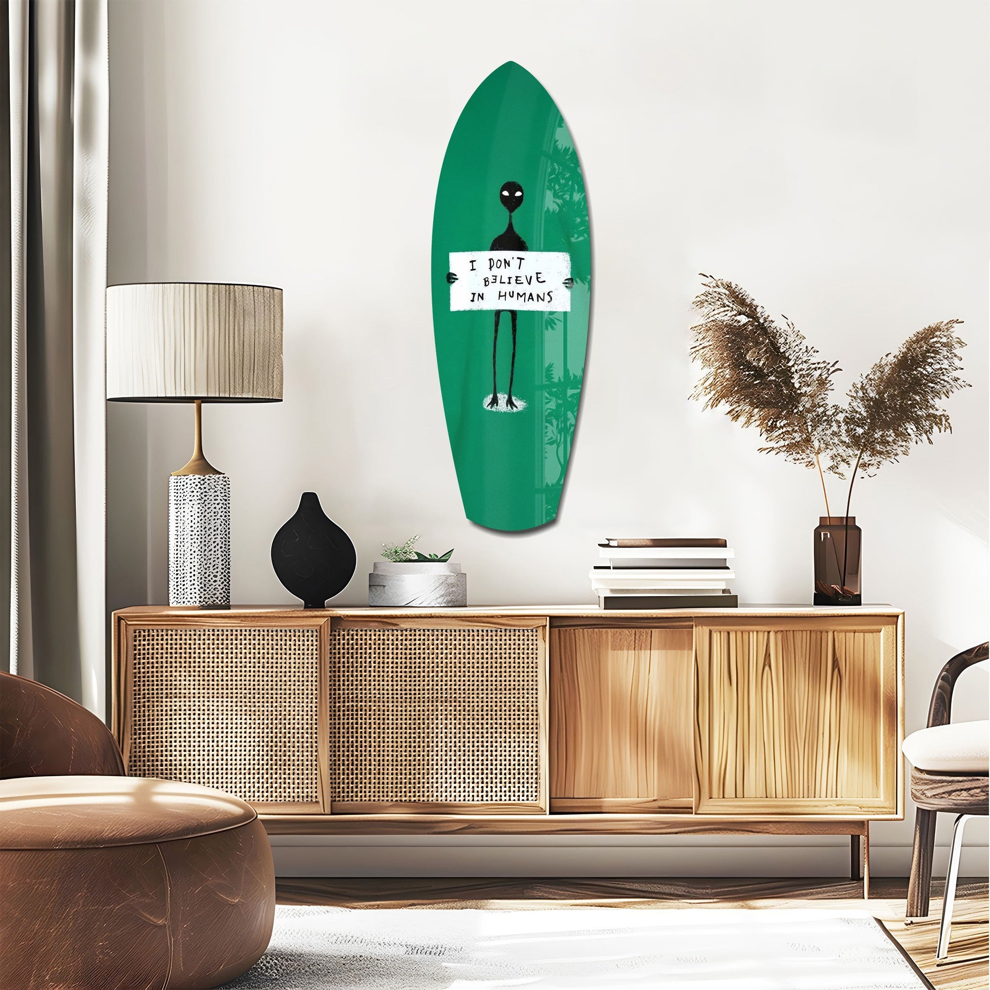 Alien Sign Quirky Humor Illustration Glass Wall Art.