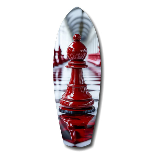 Red Bishop Chess Piece Strategy Glass Wall Art.