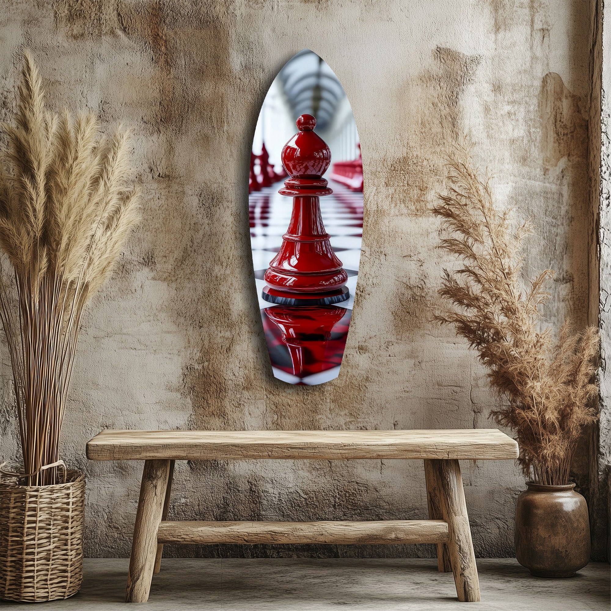 Red Bishop Chess Piece Strategy Glass Wall Art.