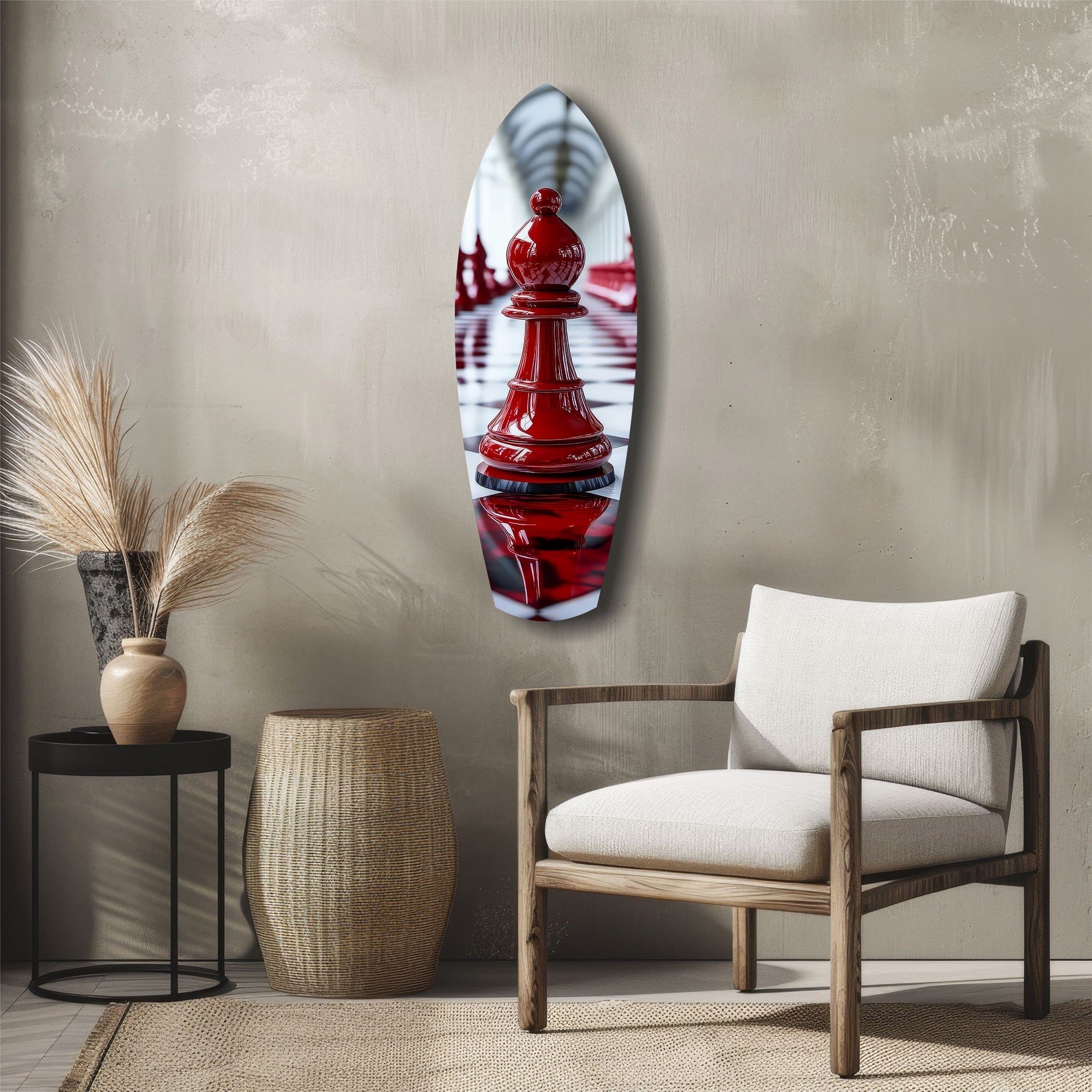 Red Bishop Chess Piece Strategy Glass Wall Art.