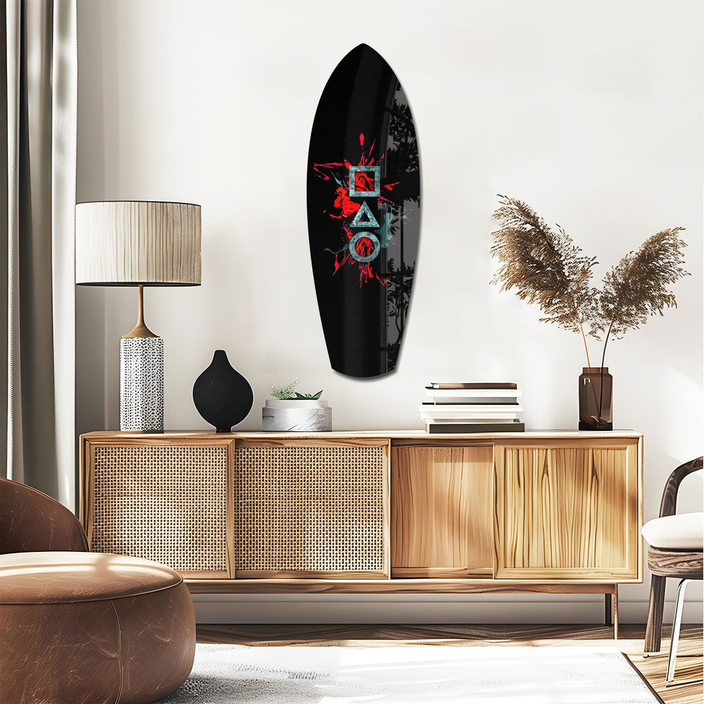 Geometric Symbols Red Splatter Gamer Glass Wall Art.