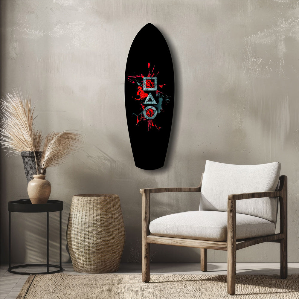 Geometric Symbols Red Splatter Gamer Glass Wall Art.