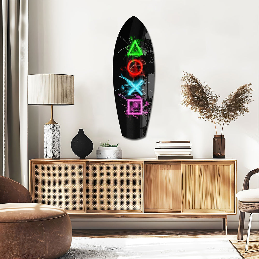 Neon Geometric Icons Gamer Glow Glass Wall Art.