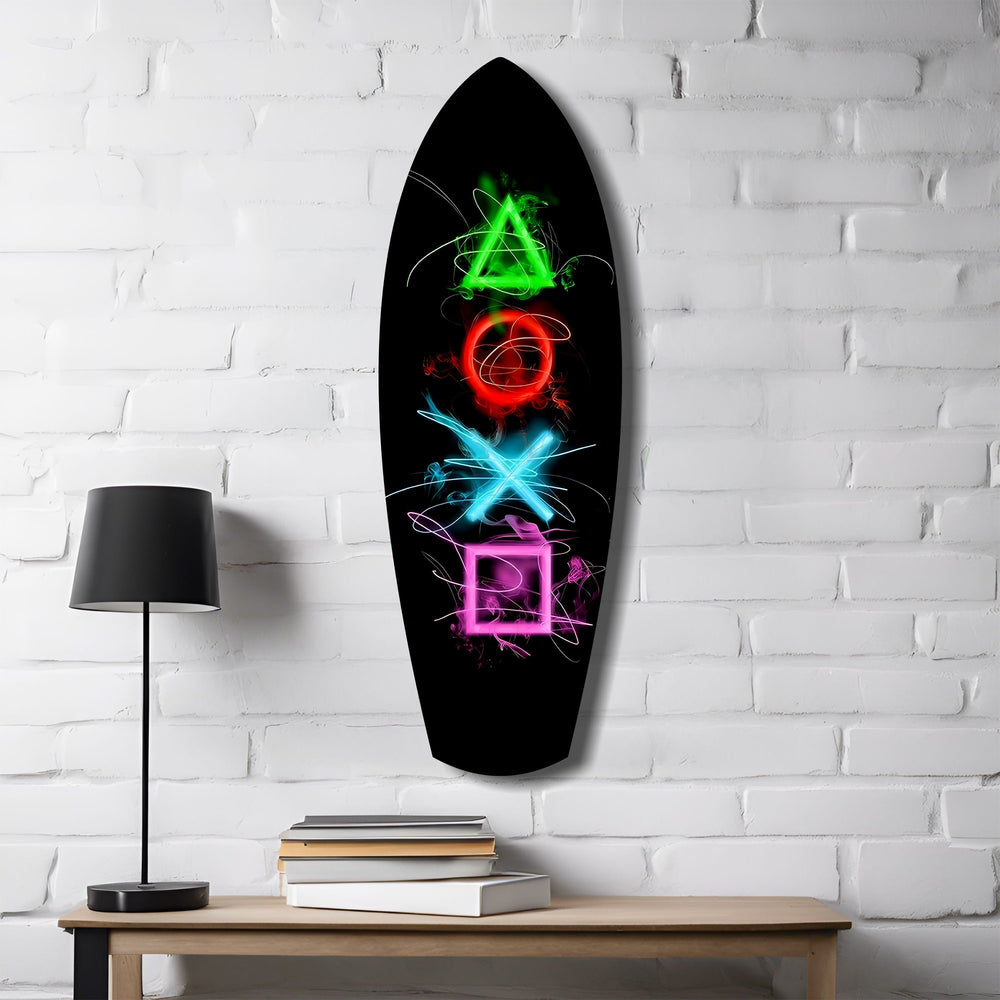 Neon Geometric Icons Gamer Glow Glass Wall Art.