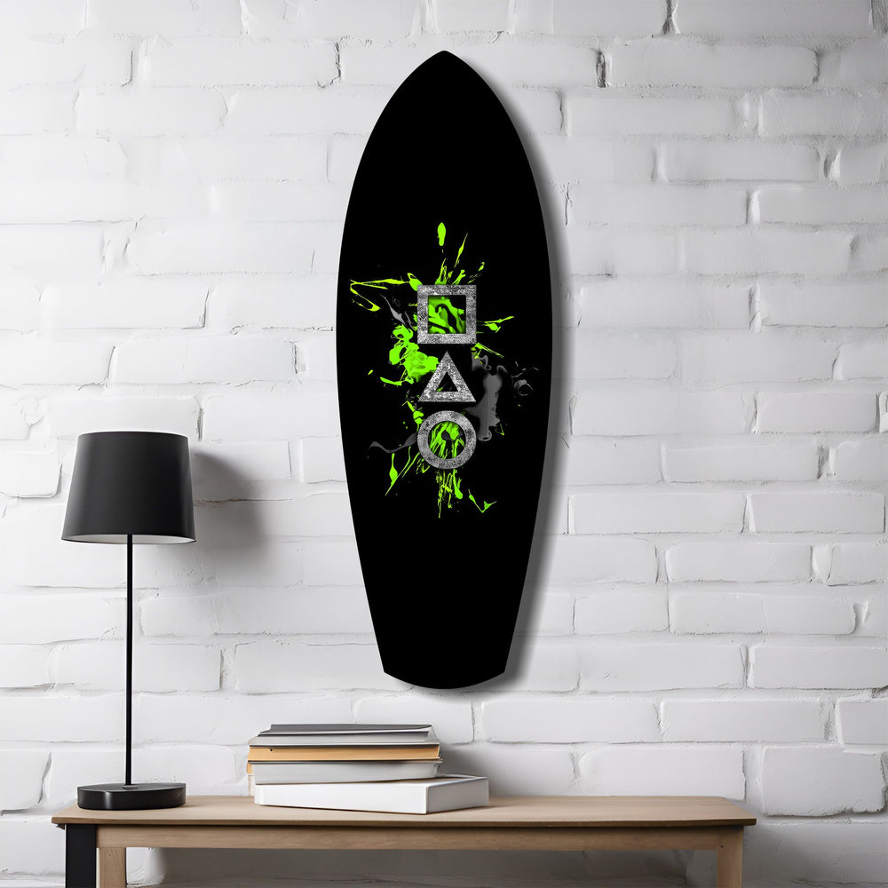 Geometric Symbols Green Splatter Gamer Glass Wall Art.