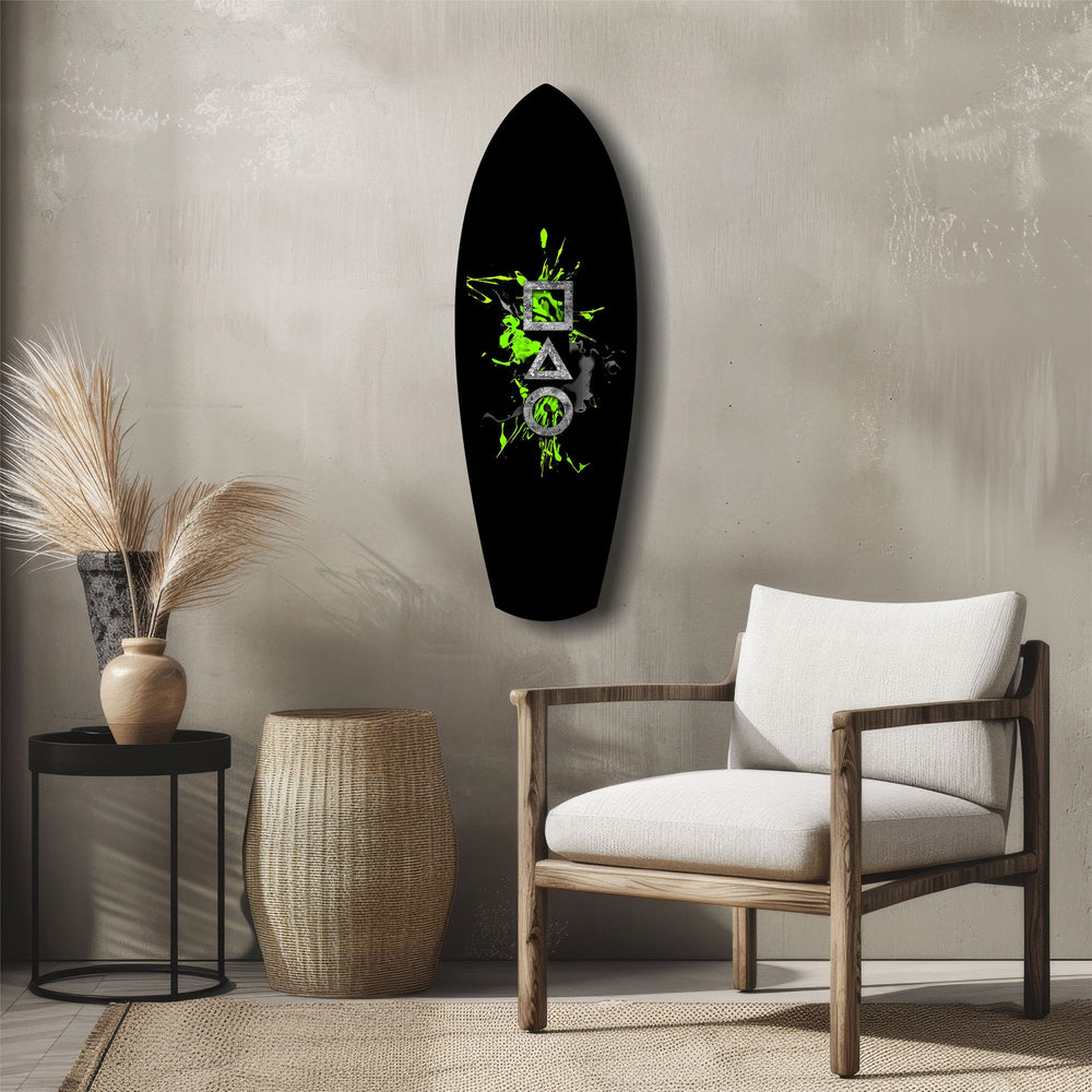 Geometric Symbols Green Splatter Gamer Glass Wall Art.