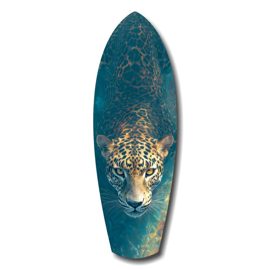 Leopard Stalking Turquoise Water Glass Wall Art.