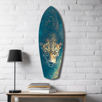 Leopard Stalking Turquoise Water Glass Wall Art.