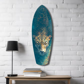 Leopard Stalking Turquoise Water Glass Wall Art.