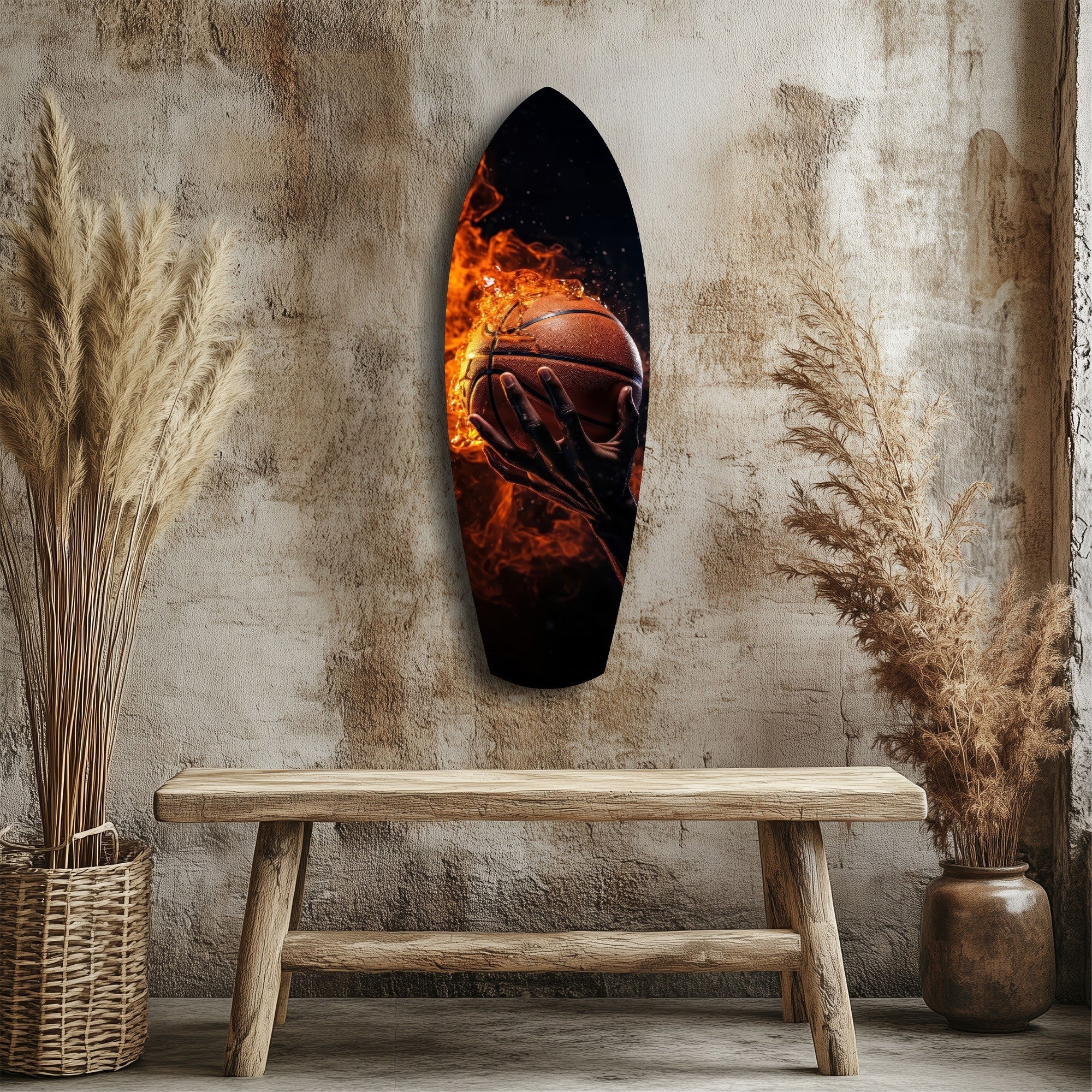 Flaming Basketball Hand Fire Glass Wall Art.