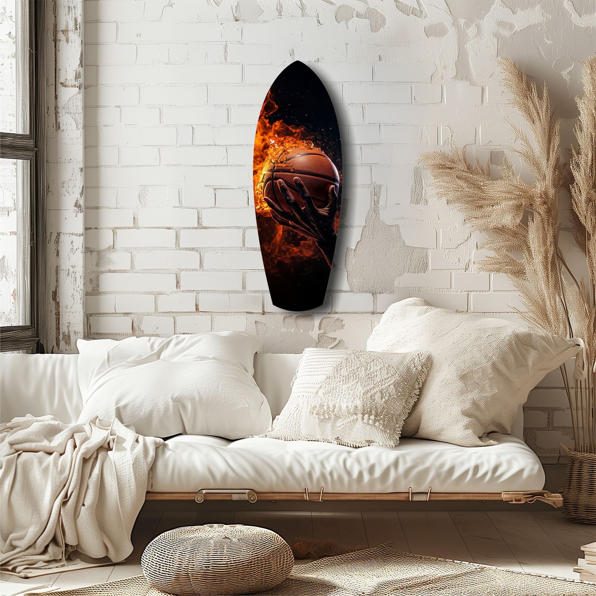Flaming Basketball Hand Fire Glass Wall Art.