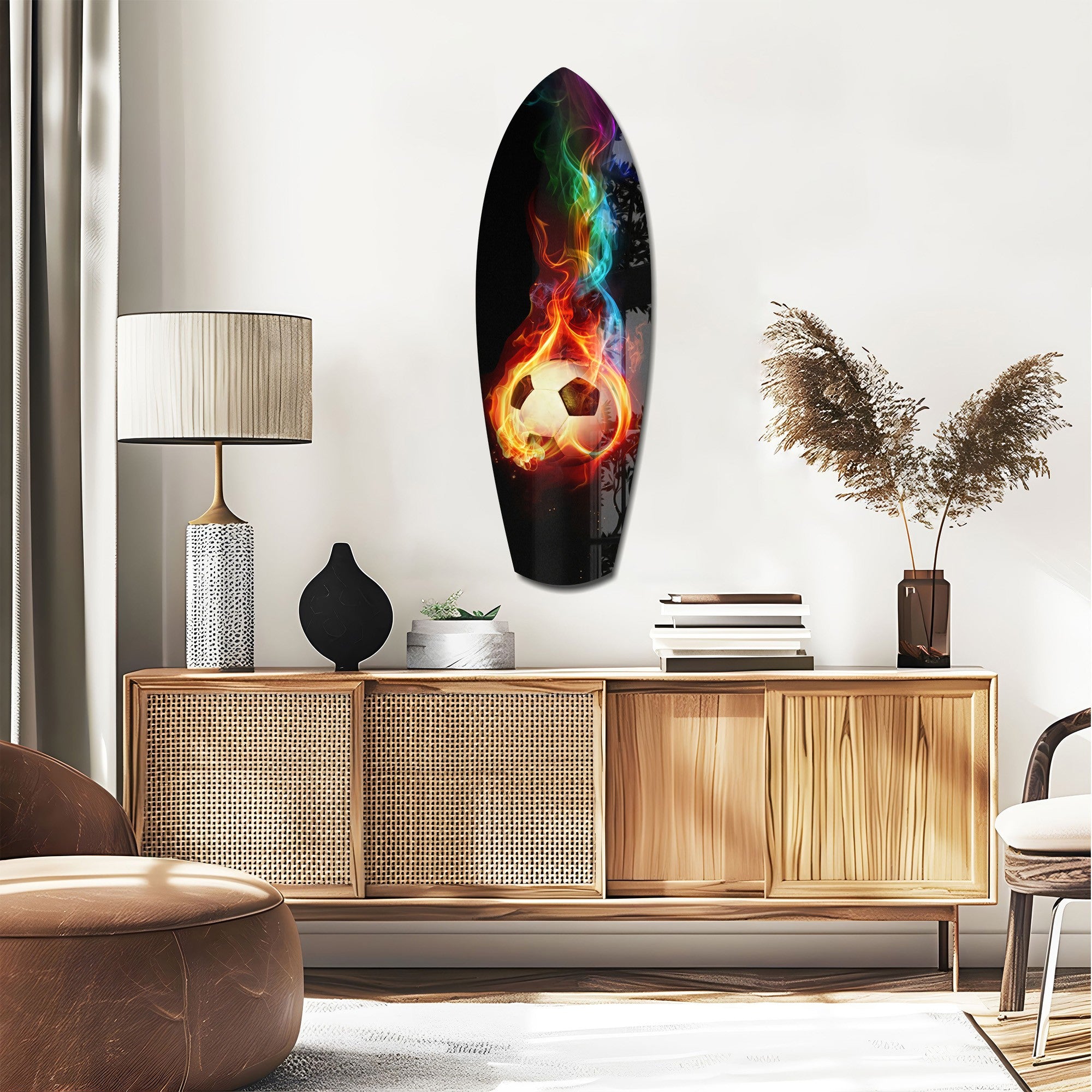 Flaming Soccer Ball Rainbow Smoke Glass Wall Art.