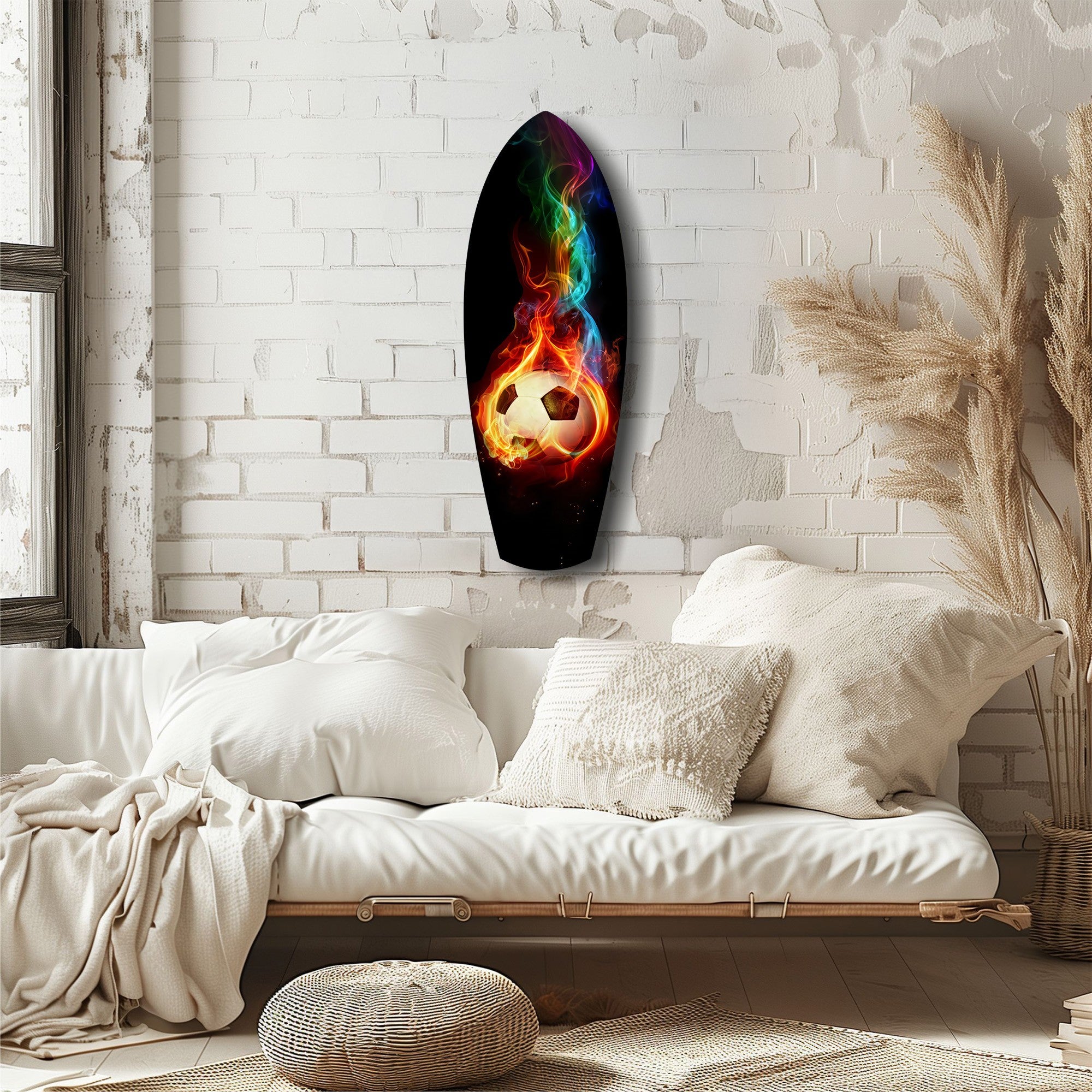Flaming Soccer Ball Rainbow Smoke Glass Wall Art.