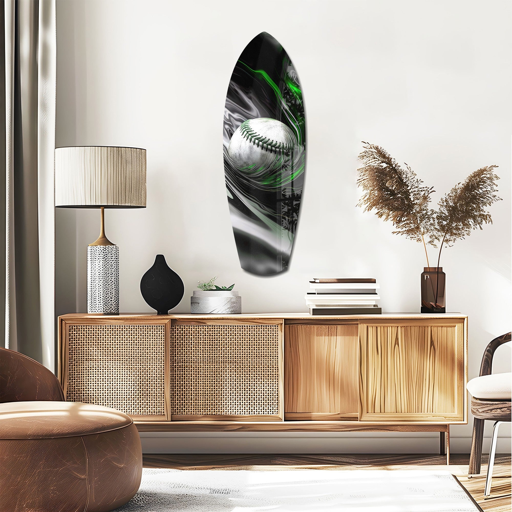 Baseball Liquid Swirl Black Green Glass Wall Art.