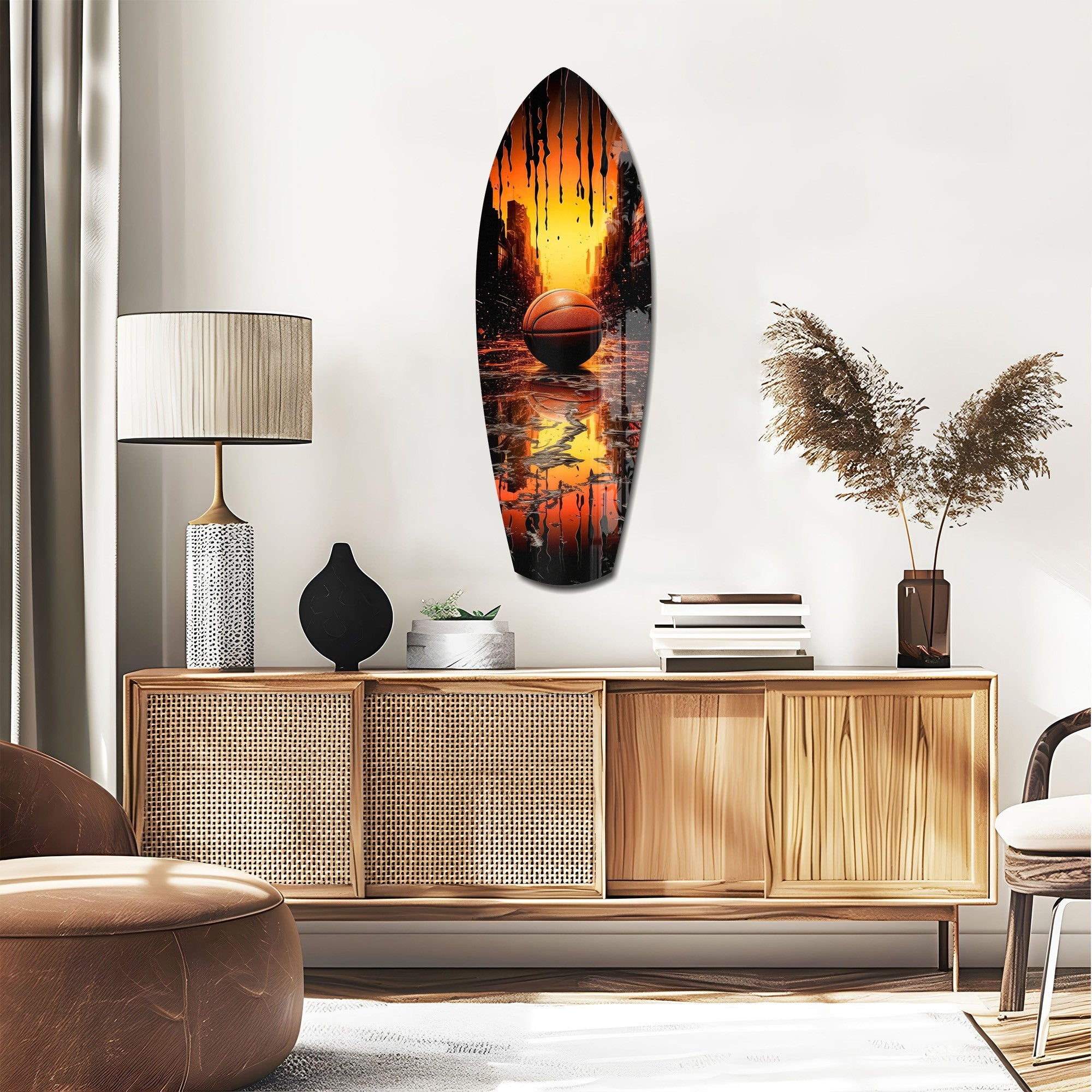 Basketball Sunset Cityscape Drip Glass Wall Art.