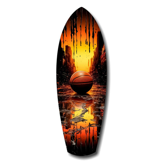 Basketball Sunset Cityscape Drip Glass Wall Art.