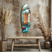 Cute Coastal Village Glass Wall Art.