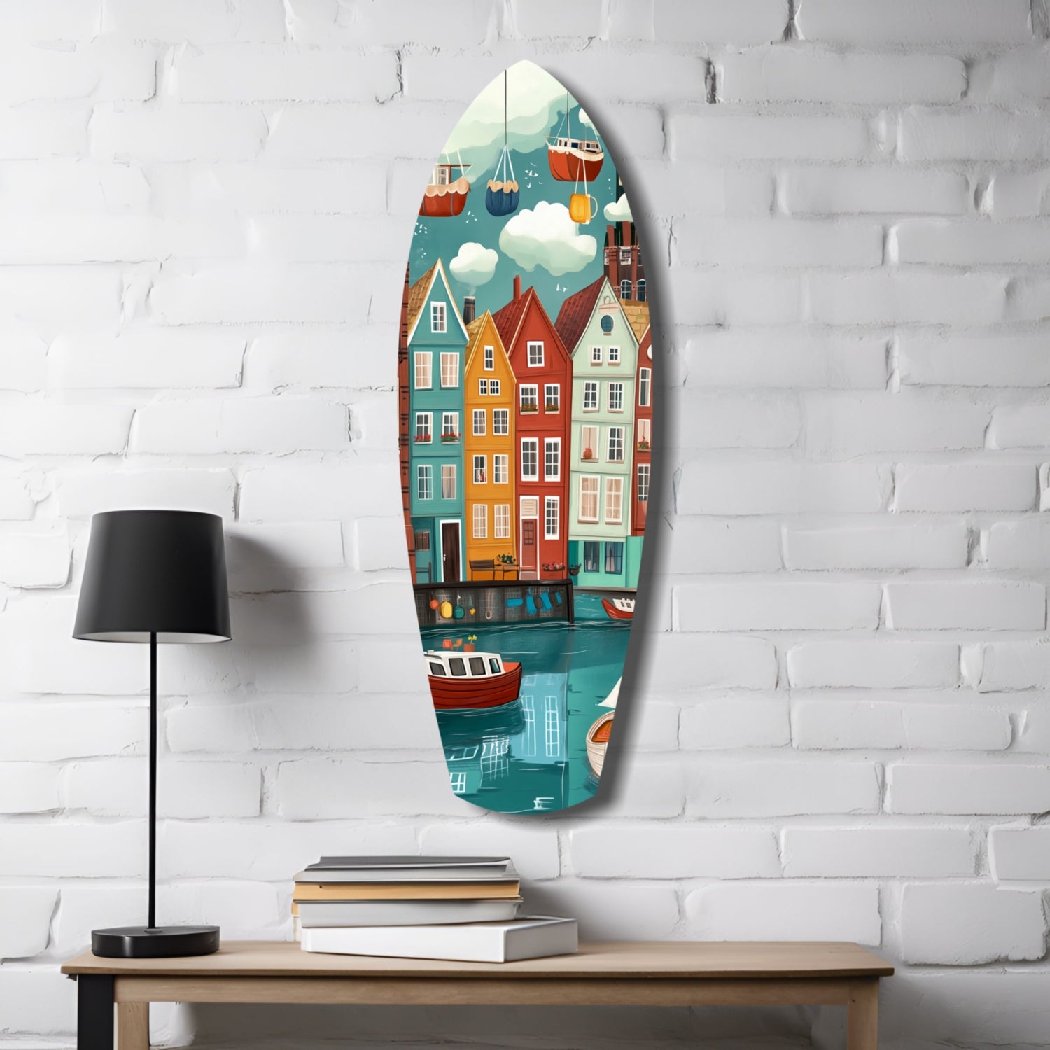 Cute Coastal Village Glass Wall Art.