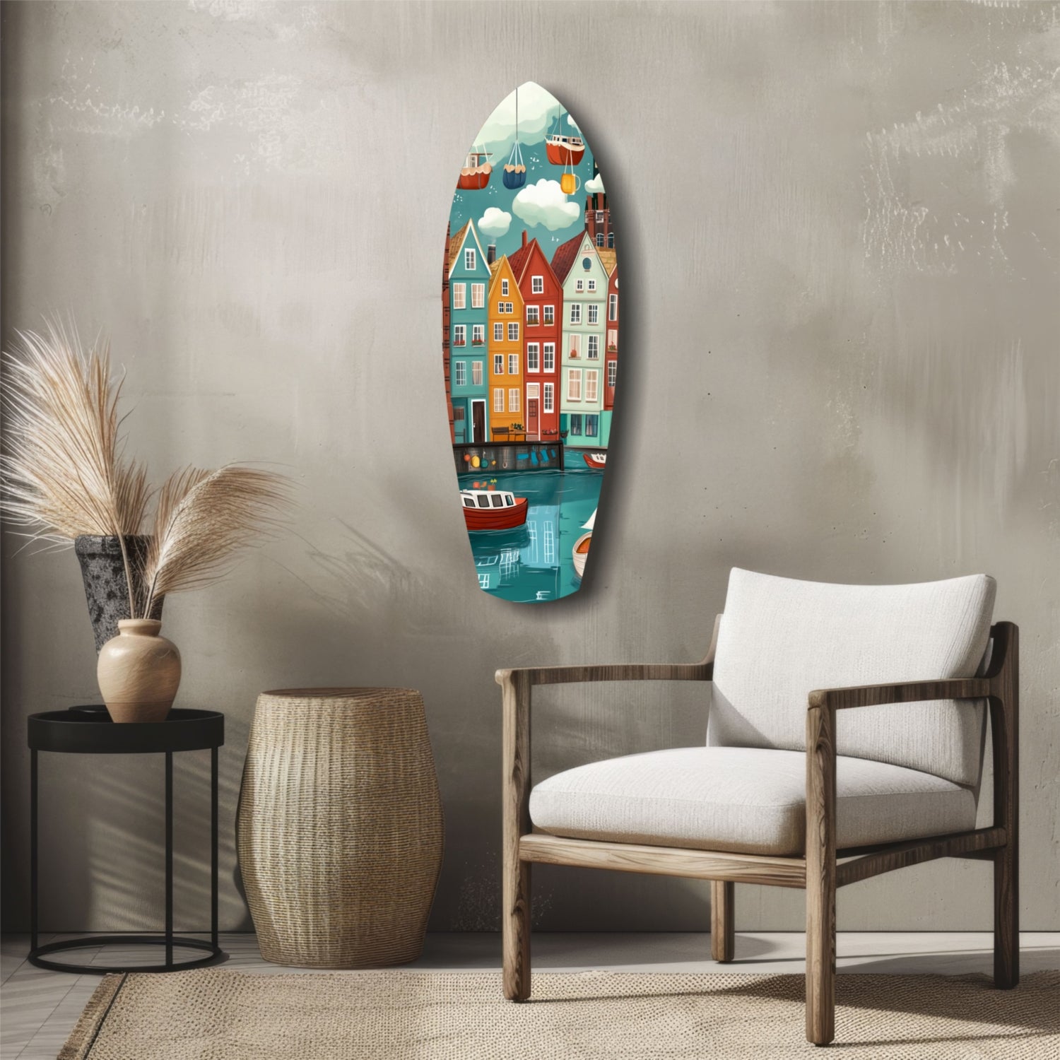 Cute Coastal Village Glass Wall Art.