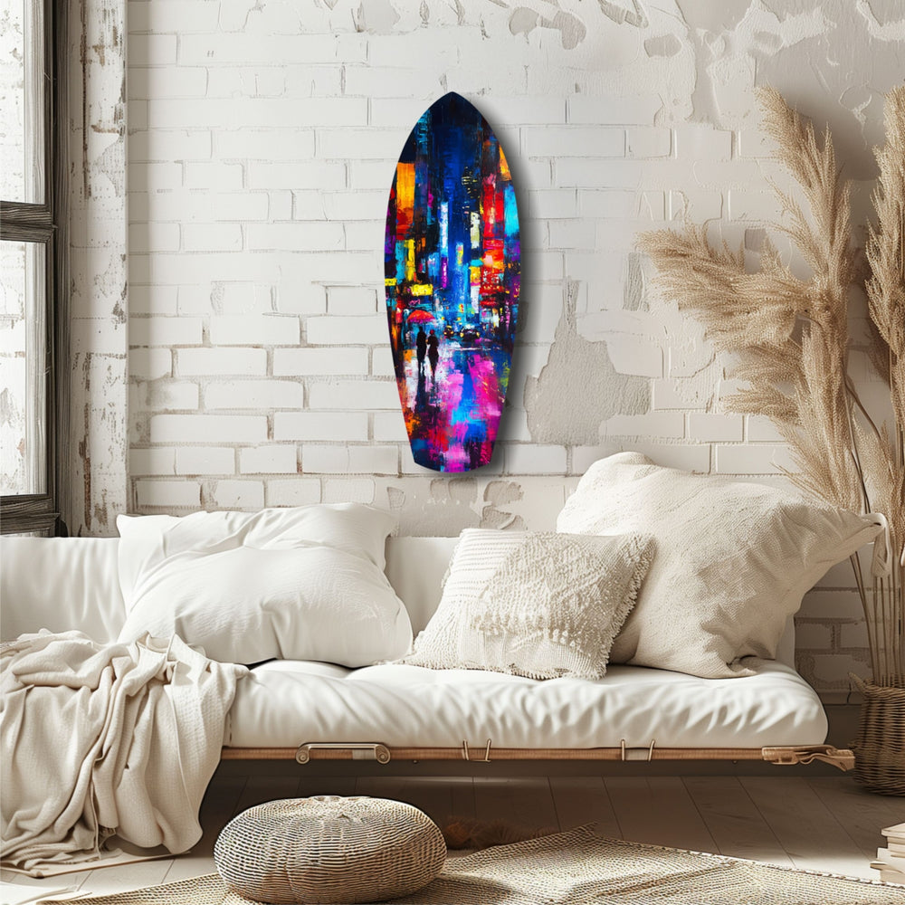 Under the City Glow A Love in the Rain Glass Wall Art.
