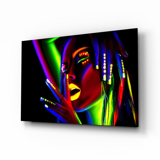 Female Portrait 28 glass wall art displayed above a console in a designer interior