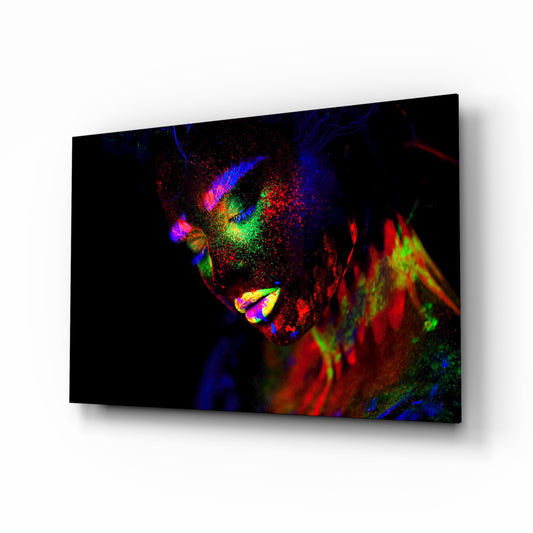 Female Portrait 30 glass wall art displayed above a console in a designer interior