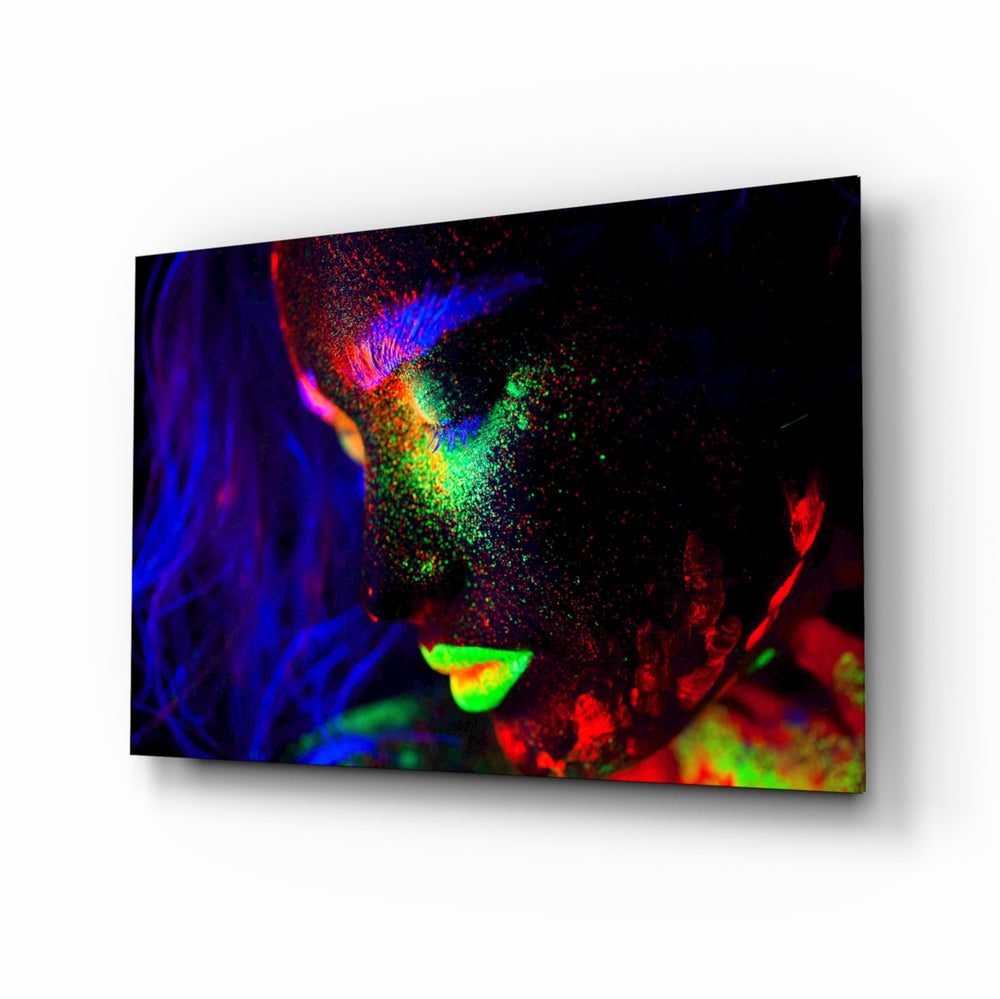 Woman Portrait 31 glass wall art displayed above a console in a designer interior