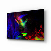 Woman Portrait 31 glass wall art displayed above a console in a designer interior