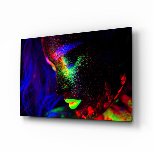 Woman Portrait 31 glass wall art displayed above a console in a designer interior
