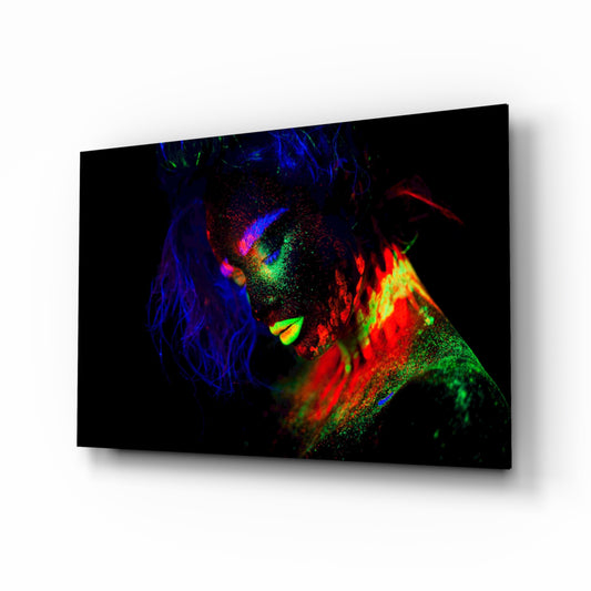 Female Portrait 32 glass wall art displayed above a console in a designer interior