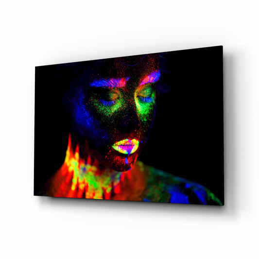 Female Portrait 33 glass wall art displayed above a console in a designer interior