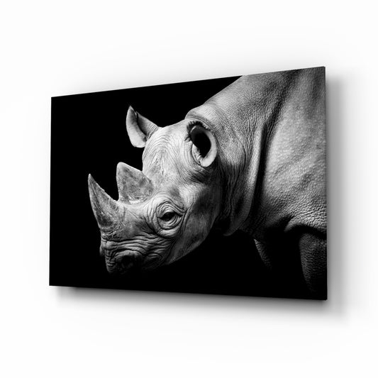 Rhino glass wall art displayed above a console in a designer interior