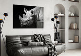 Rhino glass wall art styled above a sofa in a sentinel-mood living room