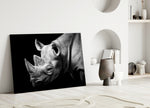 Close-up detail of the rhinoceros's wrinkled hide and curved horns