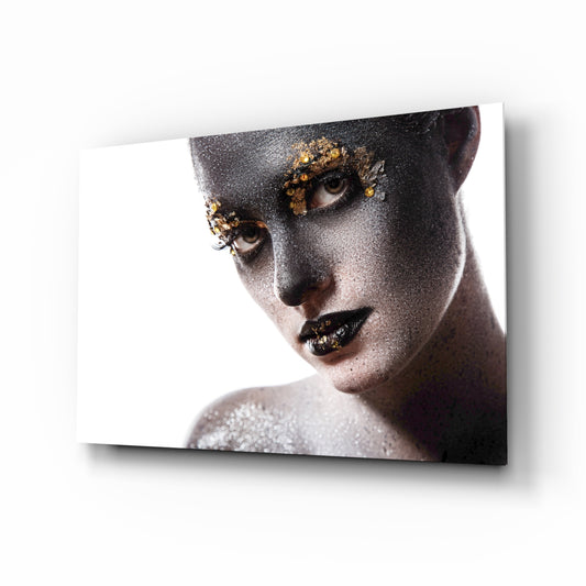 Female Portrait 34 glass wall art displayed above a console in a designer interior
