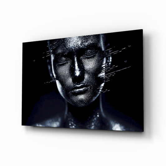 Female Portrait 35 glass wall art displayed above a console in a designer interior