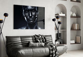 Female Portrait 35 glass wall art styled above a bed in an introspective bedroom