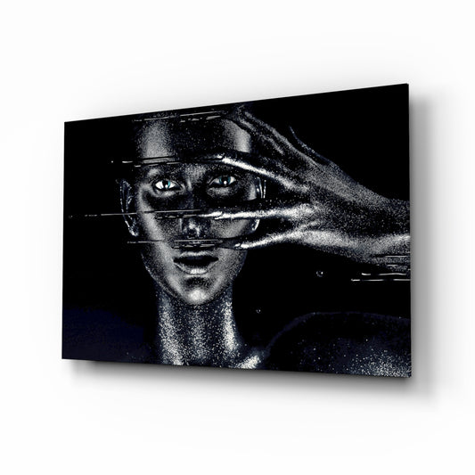 Female Portrait 36 glass wall art displayed above a console in a designer interior