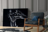 Female Portrait 36 glass print enhancing a dressing area with avant-garde grace
