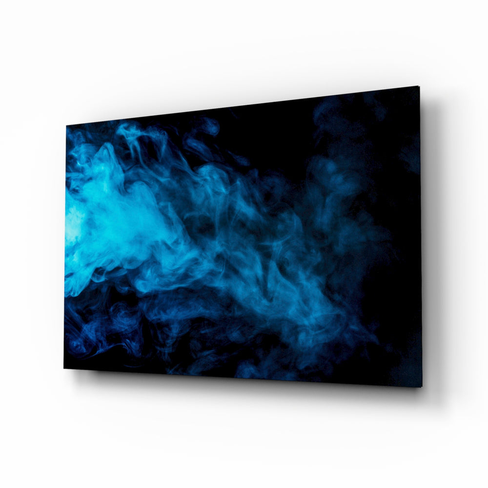 Blue Smoke glass wall art displayed above a console in a designer interior